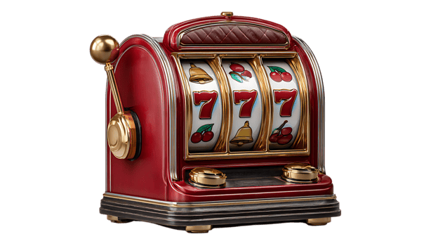 Classic red slot machine with golden lever and three reels showing lucky sevens and cherries isolated on transparent background png