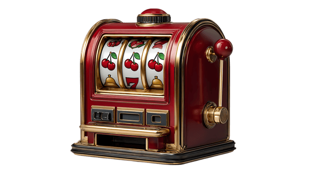 Classic red and gold slot machine with cherry and seven symbols isolated on transparent background png