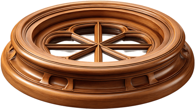 Ornate wooden rose window frame with intricate tracery and decorative base isolated on transparent background png