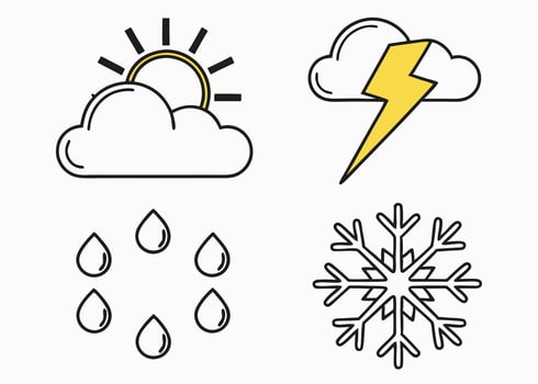 Weather forecast icons set sun cloud rain lightning and snowflake vector
