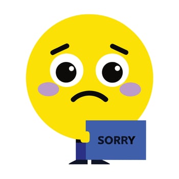 Unhappy Emoji Holding Blue Sorry Sign with Purple Cheeks on White Background vector