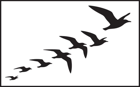 Serene Flock of Silhouetted Seabirds in Flight Against a White Sky, Evoking a Peaceful and Tranquil Mood vector