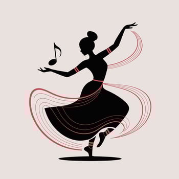 Black Silhouette of a Woman Dancing Gracefully with Flowing Red and Gold Lines and a Musical Note a stylized Art Deco Dance Illustration vector