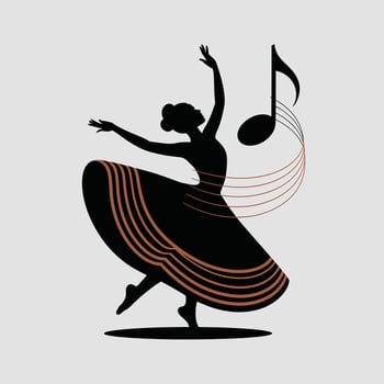 Black Silhouette of a Ballerina Dancing with Rust Orange and Gold Accents on Her Dress Musical Note and Flowing Lines vector
