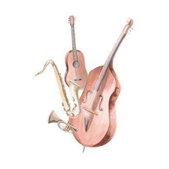 Musical instruments composition. Isolated aquarel illustration of jazz instruments quartet for invitations, postcards, concert tickets, poster printing. png