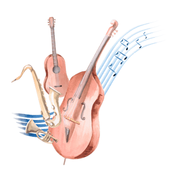 Composition of musical instruments against the background of a musical staff. Isolated watercolor illustration for the design of invitations, postcards, concert tickets, printing on posters. png