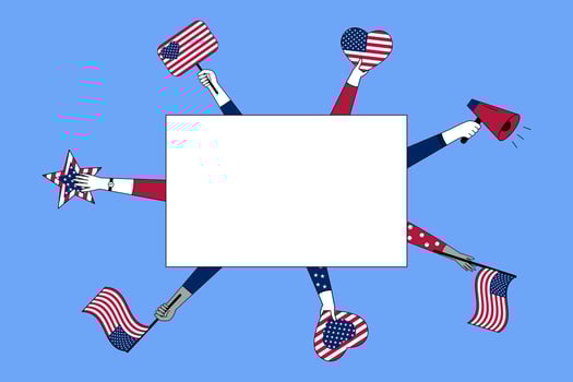 Festive American Independence Day illustration with diverse hands holding US flags, hearts, stars, and a megaphone around a rectangular frame. vector