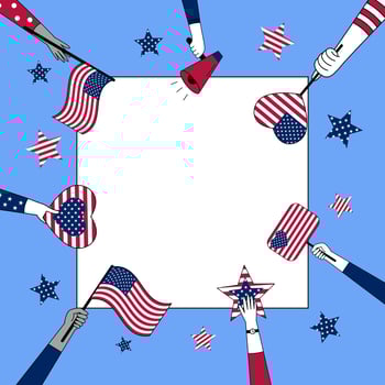 Colorful 4th of July border illustration with hands holding American flags, hearts, megaphones, and stars. vector