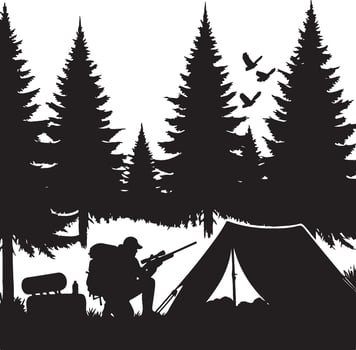 Hunter Setting Up Camp in Pine Forest Silhouette. vector