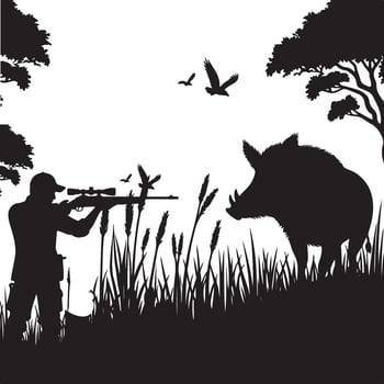Wild Boar Hunting Silhouette with Rifle and Forest Scene vector