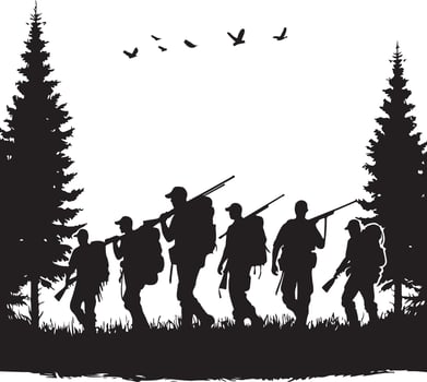 Hunting Party in Forest Silhouette. Hunting Group Walking with Rifles and Backpacks Silhouette vector