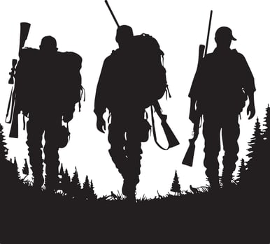 Silhouette of Hunting Group Walking with Rifles and Backpacks. Hunting Team Trekking Silhouette vector