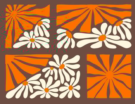 Vibrant 70s wavy patterns with floral elements in orange and cream colors vector