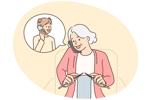 Grandmother makes phone call to granddaughter and knits scarf sitting in cozy chair vector