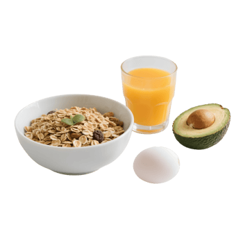 Healthy breakfast with cereal juice avocado and egg isolated on transparent png