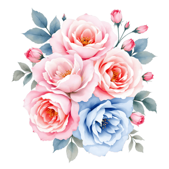 Watercolor bouquet of pink and blue roses isolated on transparent background png