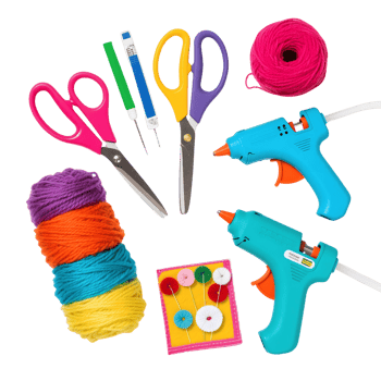 Craft supplies including scissors yarn and glue guns isolated on white png