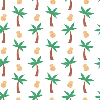Tropical seamless pattern palm tree and shell. flat illustration. vector