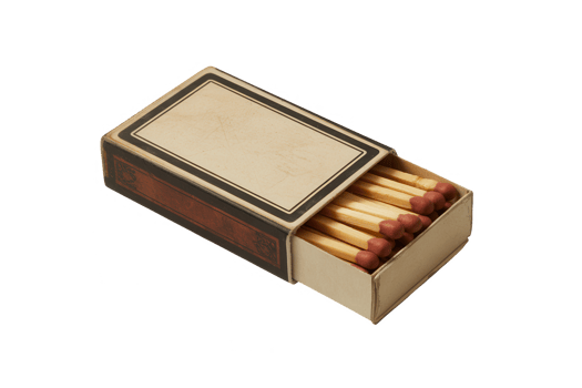 An open matchbox filled with wooden matches sitting on a transparent background png