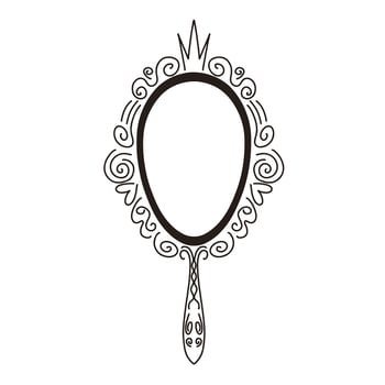 Princess crown mirror frame. Handdrawn doodle handle mirror with crown for girl baby princess decorate border. sketch illustration isolated on white background. vector