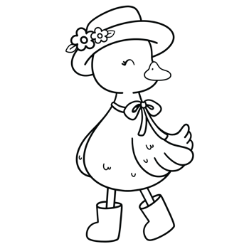 Duck in a wide brimmed hat with flowers and boots in black line art png