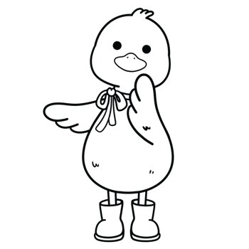 Standing duck with a neck ribbon and boots in black line a png