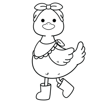 Happy duck wearing a polka dot scarf and boots in black line art png