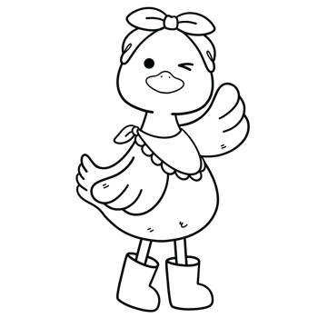 Cute duck with a bow headband and rain boots in black line art png