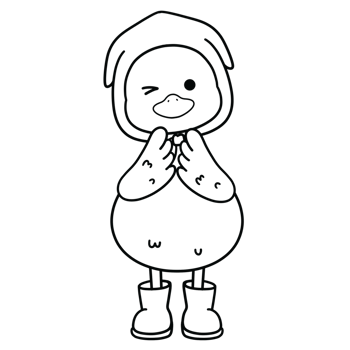 Winking duck with bonnet and hands clasped in black line art png