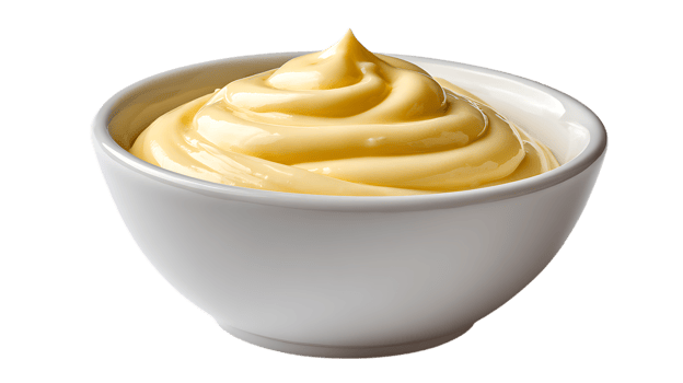 Creamy yellow mayonnaise swirls in a white bowl a delicious condiment isolated on transparent background png