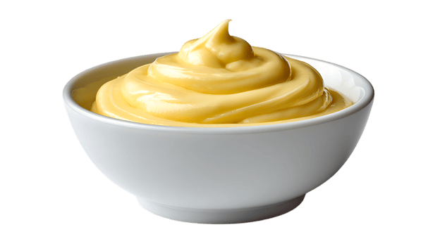 A swirl of creamy yellow mayonnaise in a white bowl isolated on transparent background png