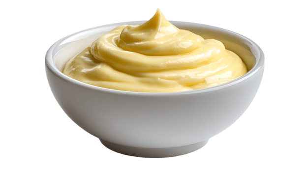 Creamy yellow mayonnaise swirl in a white bowl isolated on transparent background png