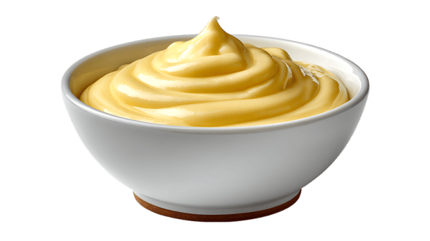 Creamy yellow custard or pudding swirled in a white bowl with a brown base isolated on transparent background png