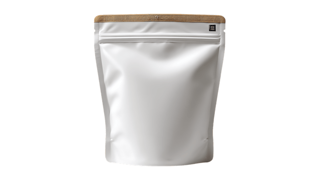 Blank white stand up pouch with zipper and textured top isolated on transparent background png