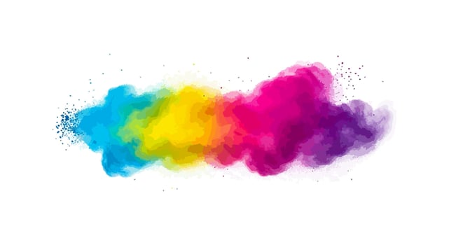 Asymmetrical Horizontal Watercolor Splash with Blue, Yellow, and Fuchsia-Purple Powdered Bursts on White Background vector