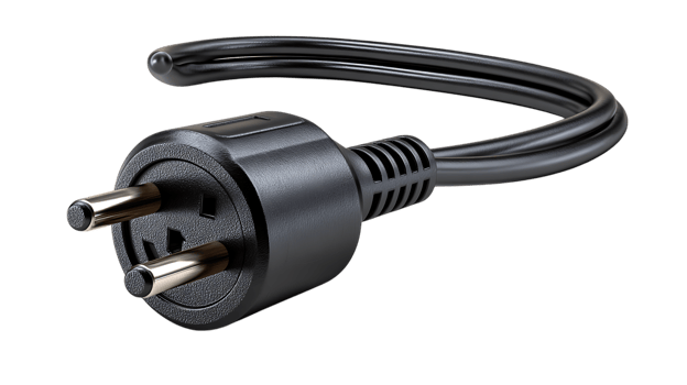Close up of a black electrical power plug with two metallic pins and a curved cable isolated on transparent background png