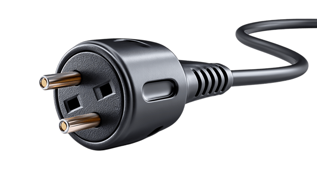 Close up of a black three pin electrical plug with metal prongs and a coiled cable isolated on transparent background png