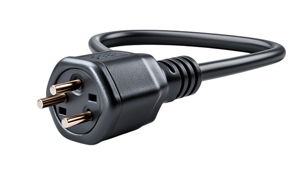 Close up of a black three prong electrical power plug with copper pins isolated on transparent background png