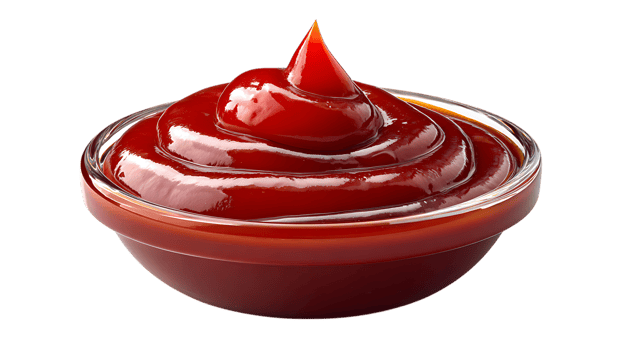 A glossy swirl of rich red ketchup elegantly presented in a clear glass bowl isolated on transparent background png
