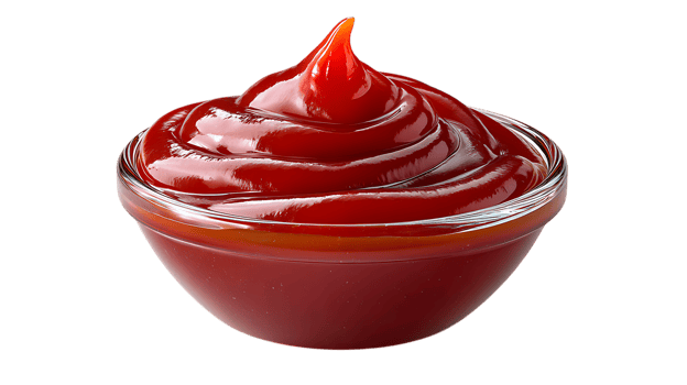 A swirl of rich red ketchup elegantly presented in a clear glass bowl isolated on transparent background png