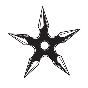 A detailed illustration featuring a black silhouette of a ninja star weapon displayed against a clean white background. vector