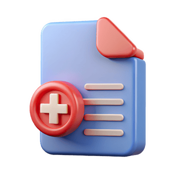 Three dimensional medical document icon featuring a red cross badge on a periwinkle blue document with soft pink lines isolated on a transparent background png