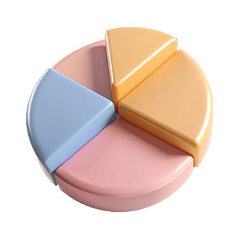 Three Dimensional Pastel Pie Chart Icon One Slice Pulled Outward Light Blue Pink Orange Segments isolated on a transparent background png