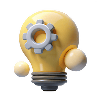Yellow 3 D Lightbulb Icon with Gray Gear and Small Interlocking Yellow Spheres Isolated on a transparent background png