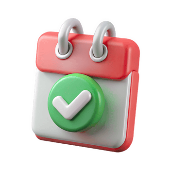 3 D Render of a Coral Red Calendar Icon with a Green Checkmark Badge isolated on a transparent background png