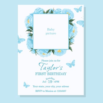 Firts birthday invitation template with photo frame Blue peonies vector