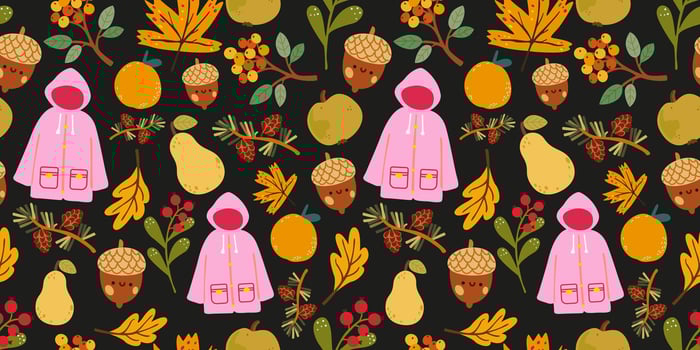 Fall pattern with raincoats and nature elements vector