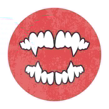 Vampire teeth with sharp fangs round emblem in retro style vector