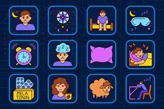 Sleep issues set icon. Night sadness, dreamcatcher, sitting in bed, eye mask, alarm clock, tired face, pillow, bad dream, melatonin box, coffee, sheep, sleep at desk. vector