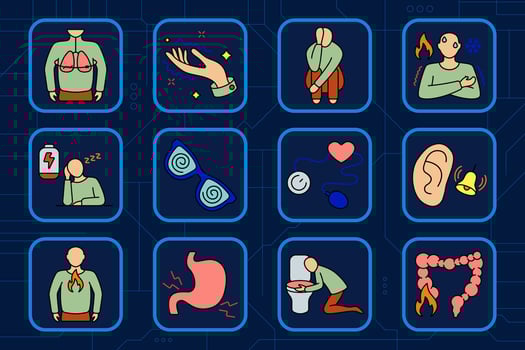 Panic symptoms set icon. Lung pressure, shaking hand, crouching man, chills, drained energy, vision distortion, heart check, ear ringing, heartburn, stomach cramp, vomiting, colon burning. vector